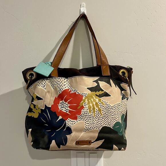 Fossil Women's Leah Boho Chic Multi-Color Medium Tote Bag Floral Purse - Picture 1 of 11